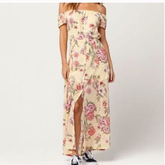 Billabong linger here yellow floral off the shoulder maxi dress size medium boho - Picture 15 of 16